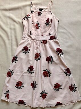 Ann Taylor's Pink Floral Halter Midi Dress with Red Rose Print